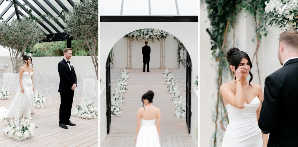bride and groom first look at greenhouse two rivers