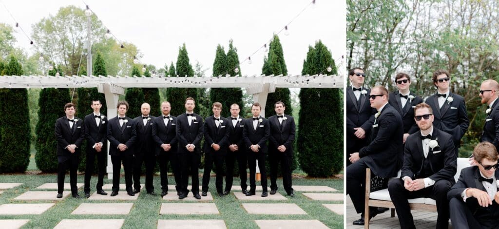groom in groomsmen in black and white with sunglasses