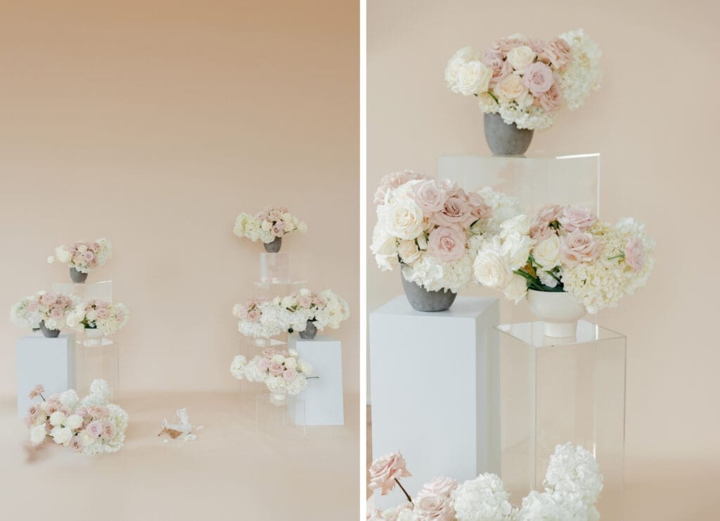 modern bridal morning setup for wedding portraits canvas with floral installations