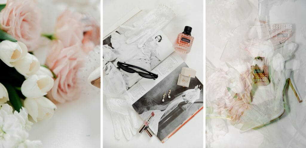 blush florals with modern lay flat wedding details double exposure photography