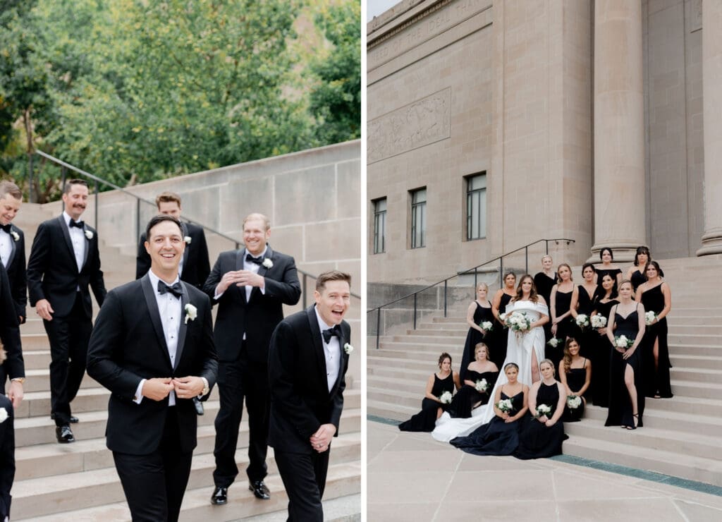 editorial Midwest wedding photographer bride and groom with wedding party black tie attire
