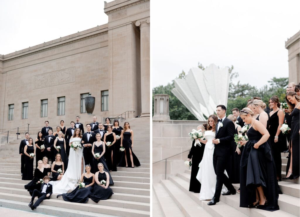editorial Midwest wedding photographer bride and groom with wedding party black tie attire