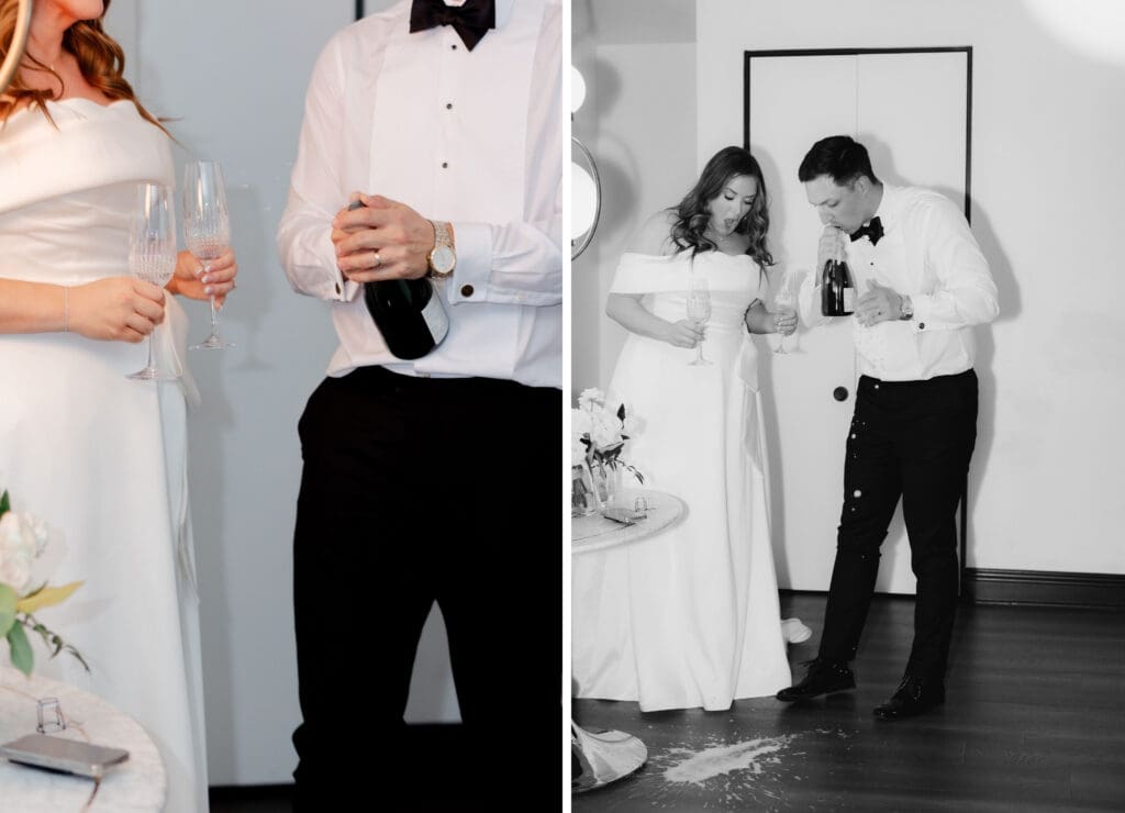 bride and groom champagne pop flash photography
