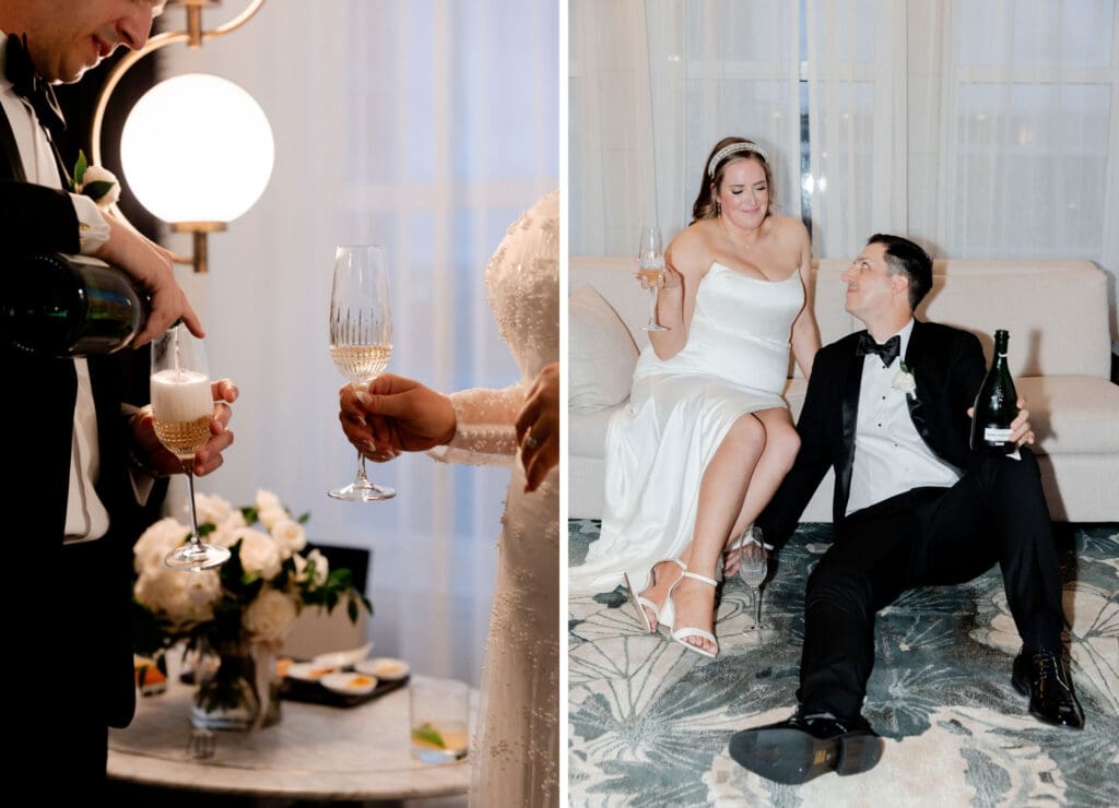 bride and groom champagne pop flash photography