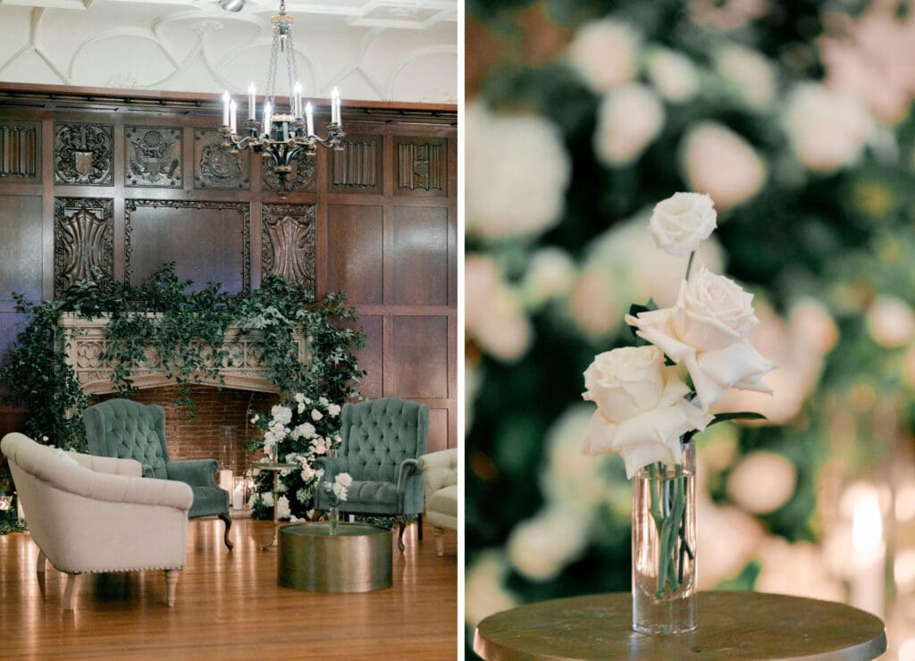 Soft furniture set up with white florals at this luxury cocktail hour
