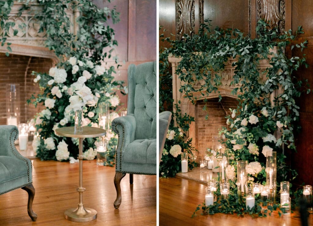 Soft furniture set up with white florals at this luxury cocktail hour