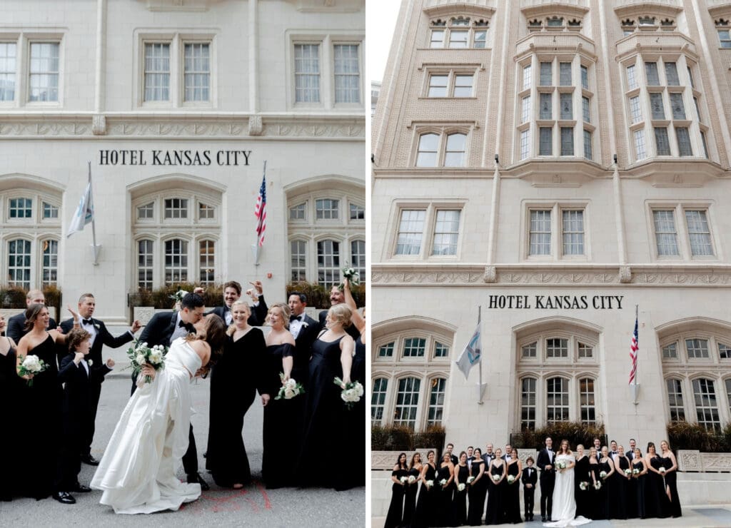 editorial Midwest wedding photographer bride and groom with wedding party black tie attire