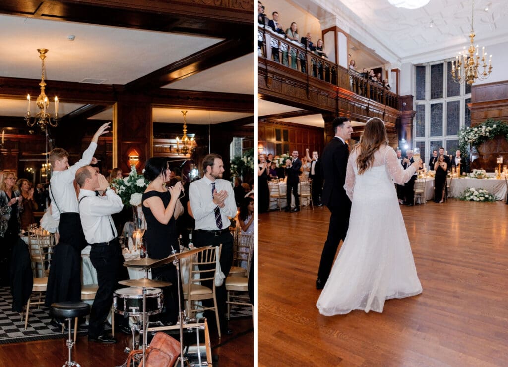 Luxury wedding reception filled with white florals, greenery and vintage gold touches