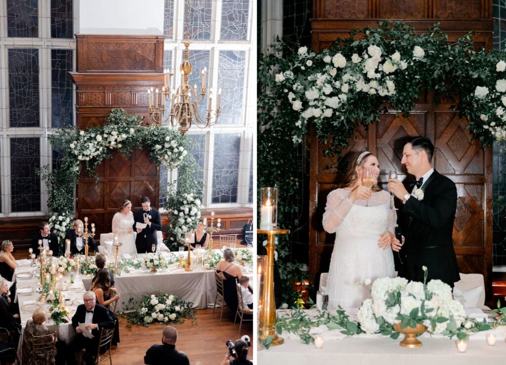 Luxury wedding reception filled with white florals, greenery and vintage gold touches