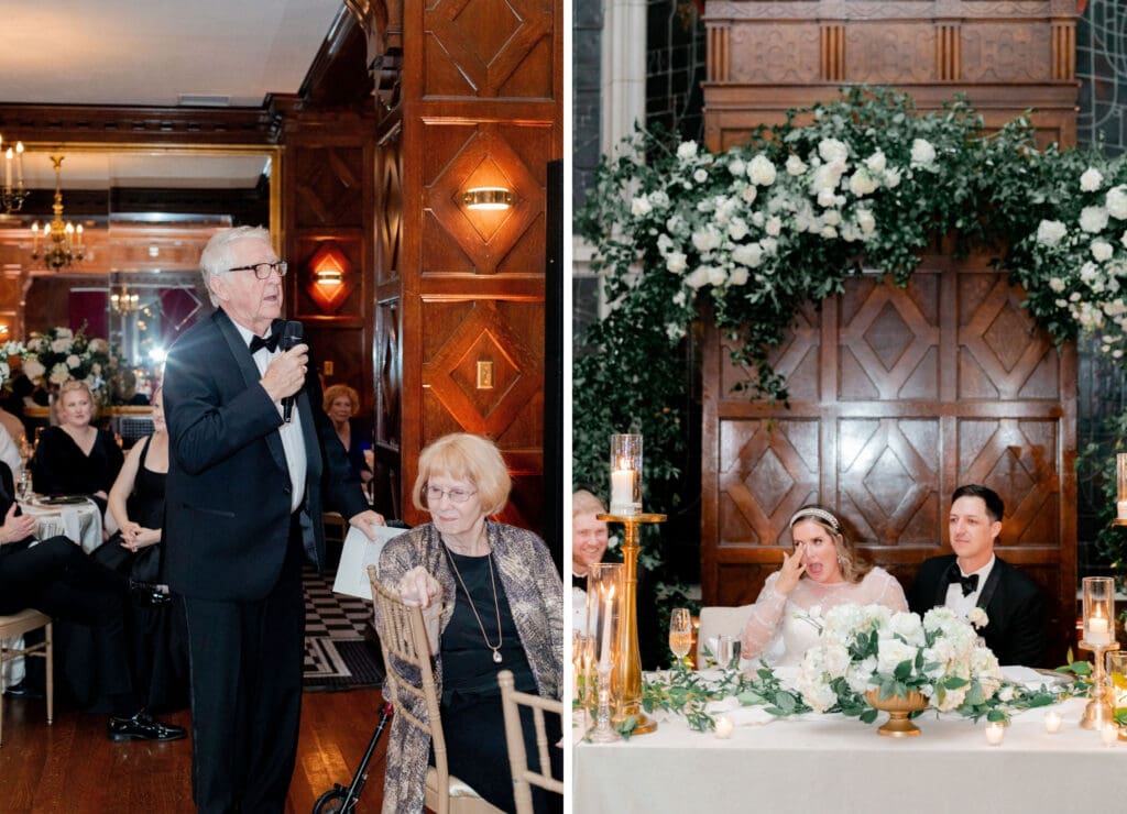 Luxury wedding reception filled with white florals, greenery and vintage gold touches