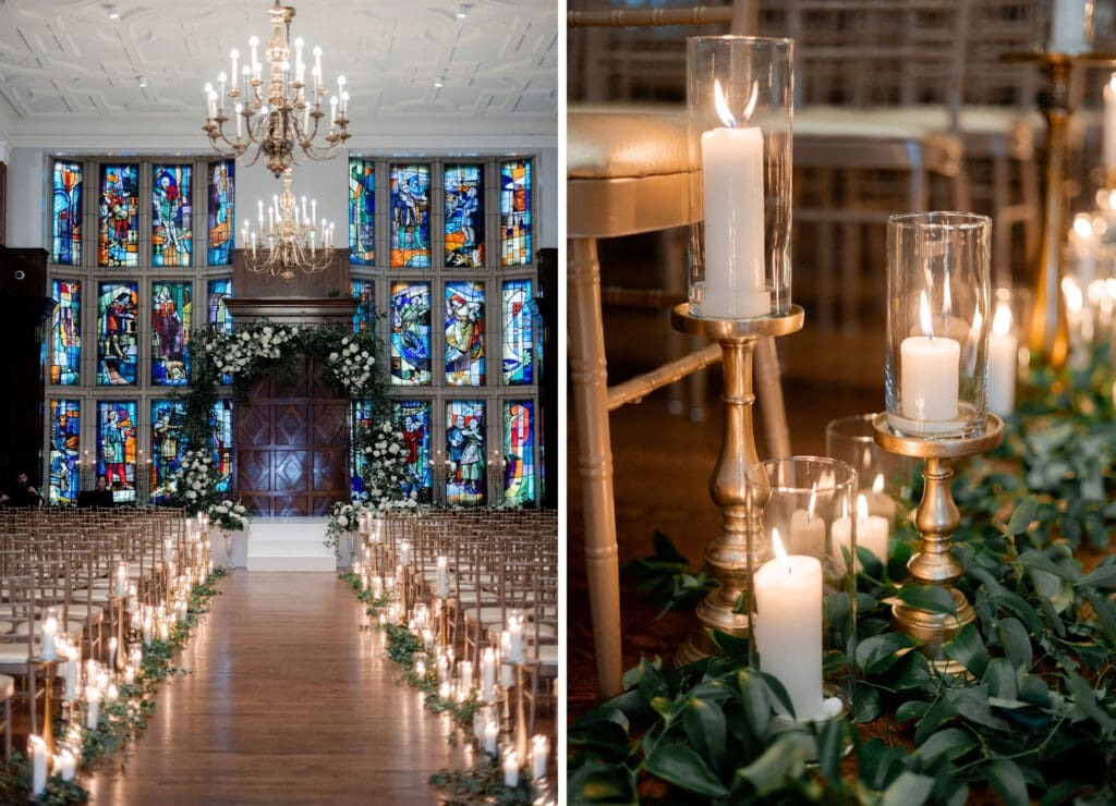 Luxury wedding in Hotel Kansas City filled with white florals, greenery and vintage gold