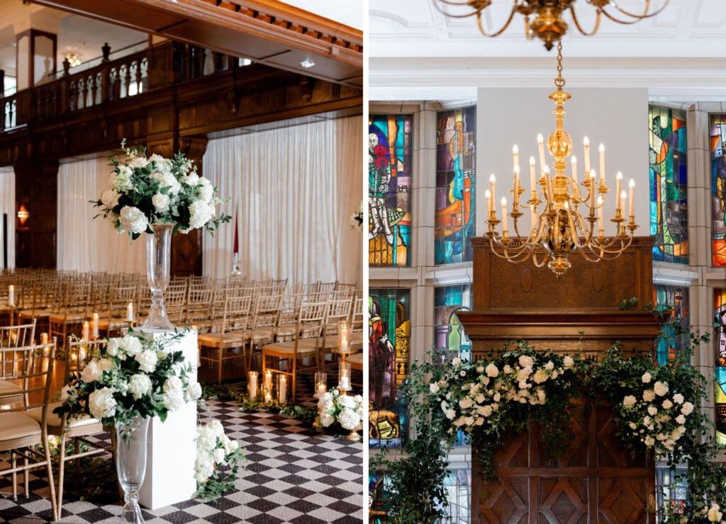 Luxury wedding in Hotel Kansas City filled with white florals, greenery and vintage gold
