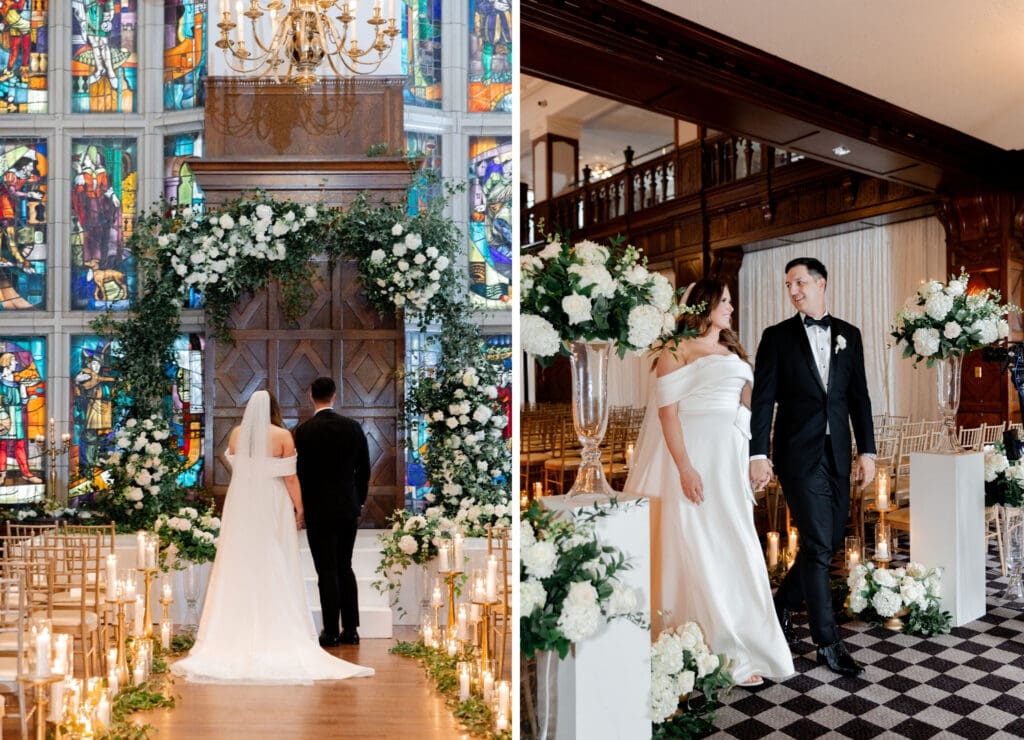 Luxury wedding in Hotel Kansas City filled with white florals, greenery and vintage gold