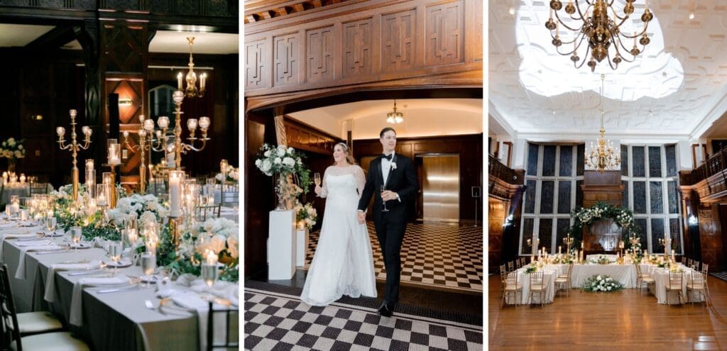 Luxury wedding reception filled with white florals, greenery and vintage gold touches