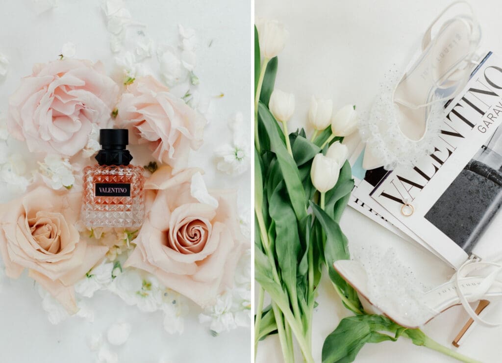 blush and white modern romantic wedding layflat details wuth Valentino perfume