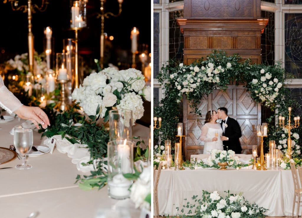 Luxury wedding reception filled with white florals, greenery and vintage gold touches