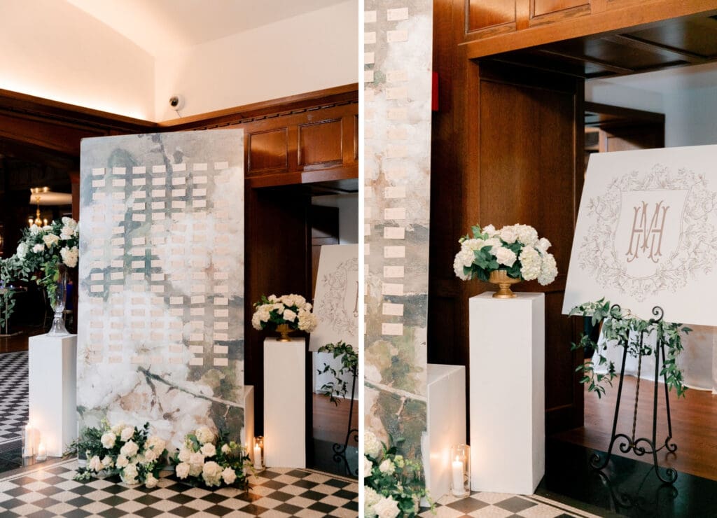 Luxury wedding reception filled with white florals, greenery and vintage gold touches