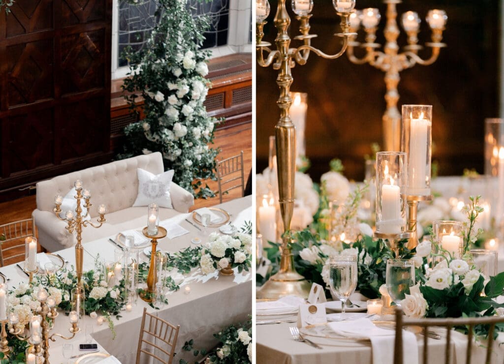 Luxury wedding reception filled with white florals, greenery and vintage gold touches