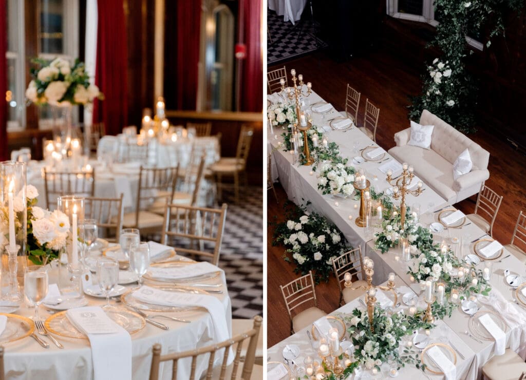 Luxury wedding reception filled with white florals, greenery and vintage gold touches