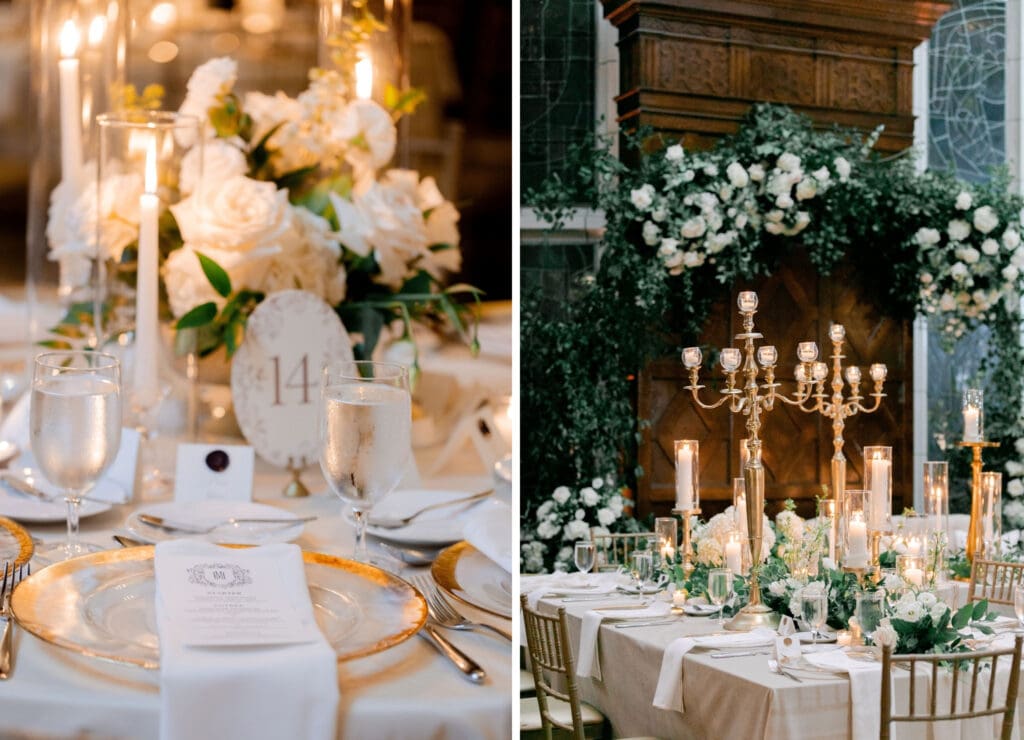 Luxury wedding reception filled with white florals, greenery and vintage gold touches