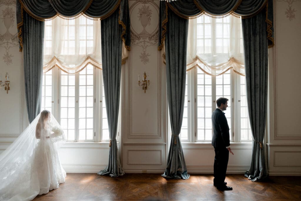 bride and groom at their first look