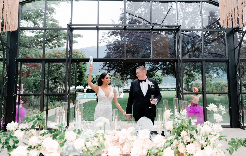 cute portrait of the newlyweds a their dream reception in italy